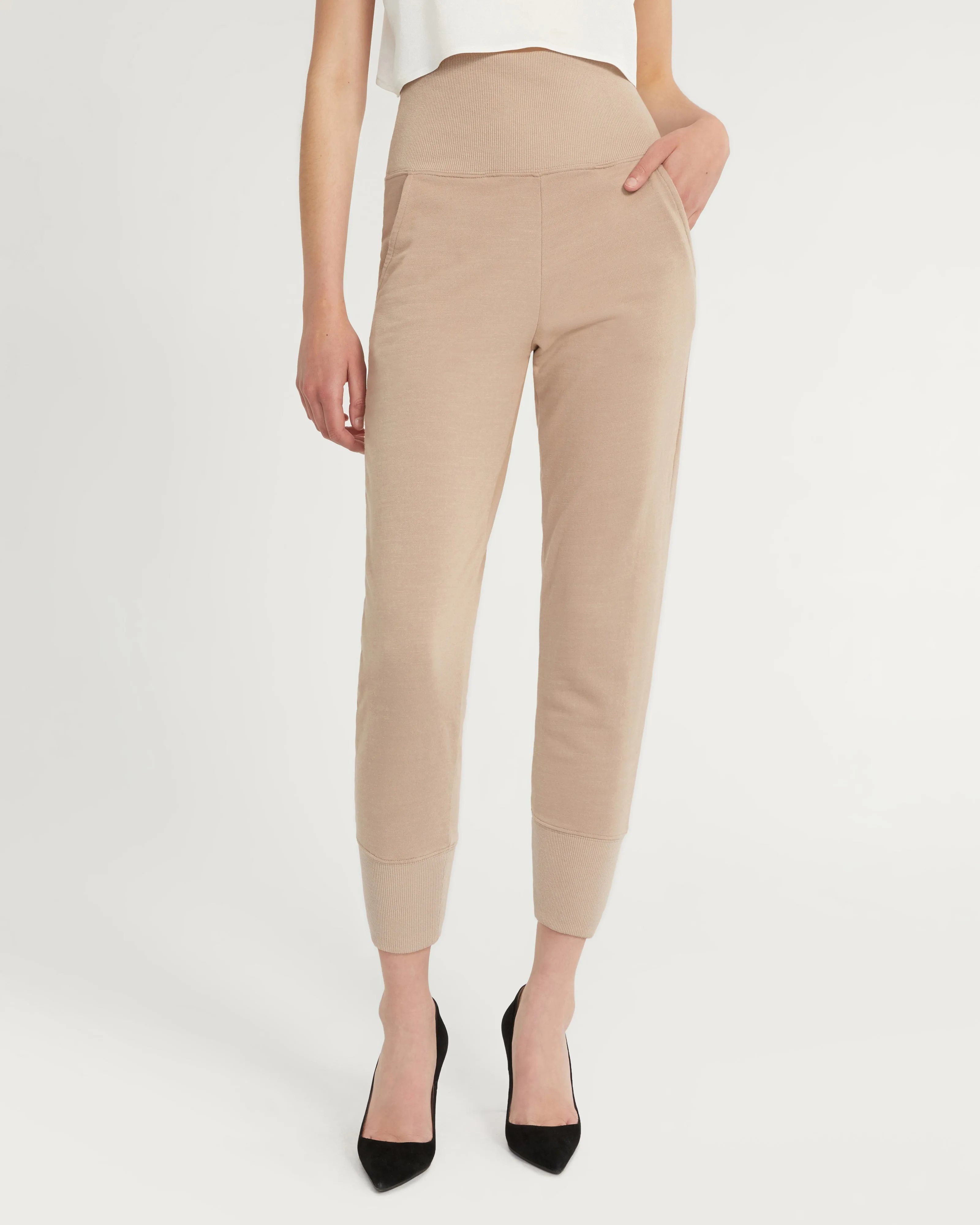 So High Waisted Slub Cotton Sweatpant in Stone Taupe