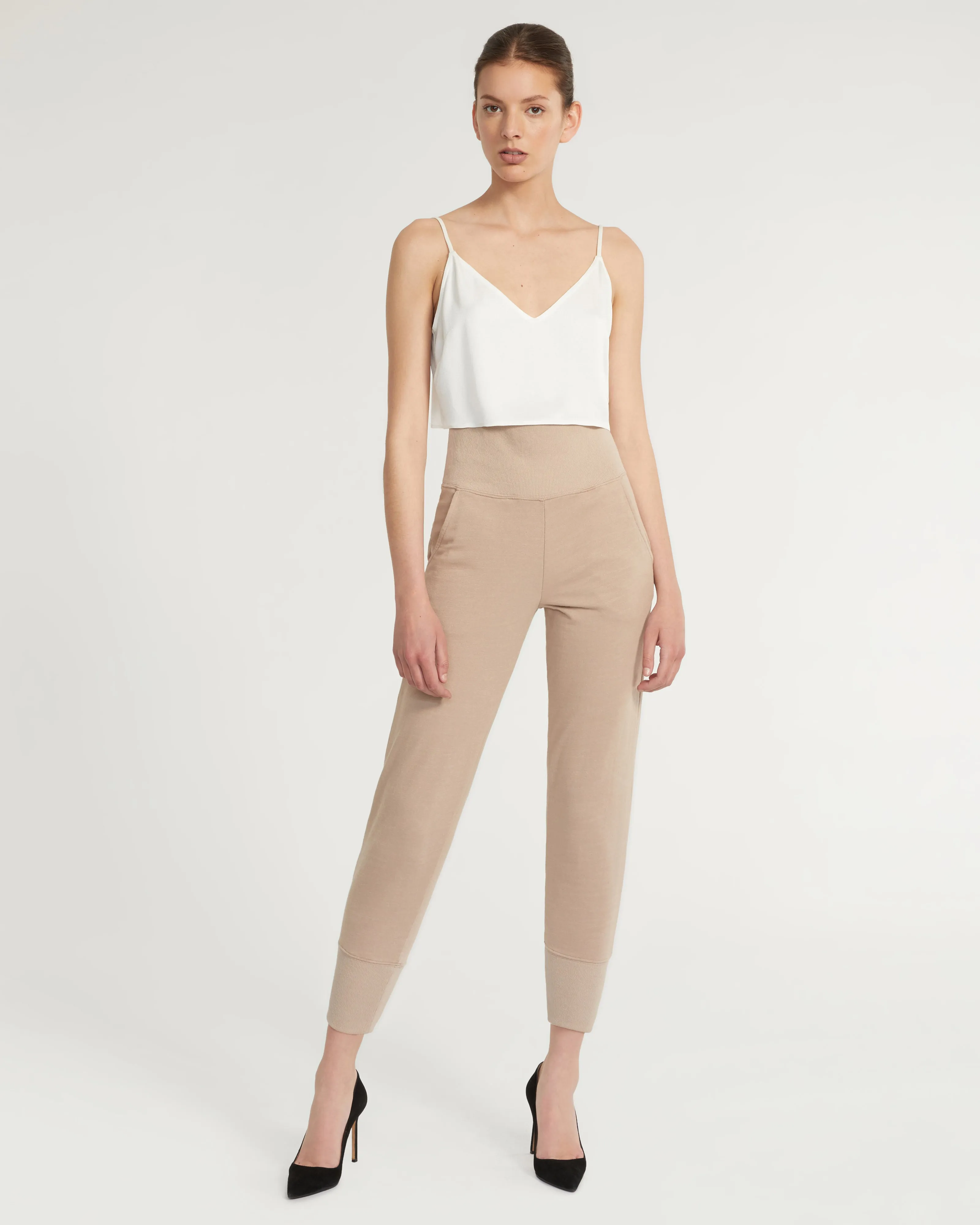 So High Waisted Slub Cotton Sweatpant in Stone Taupe