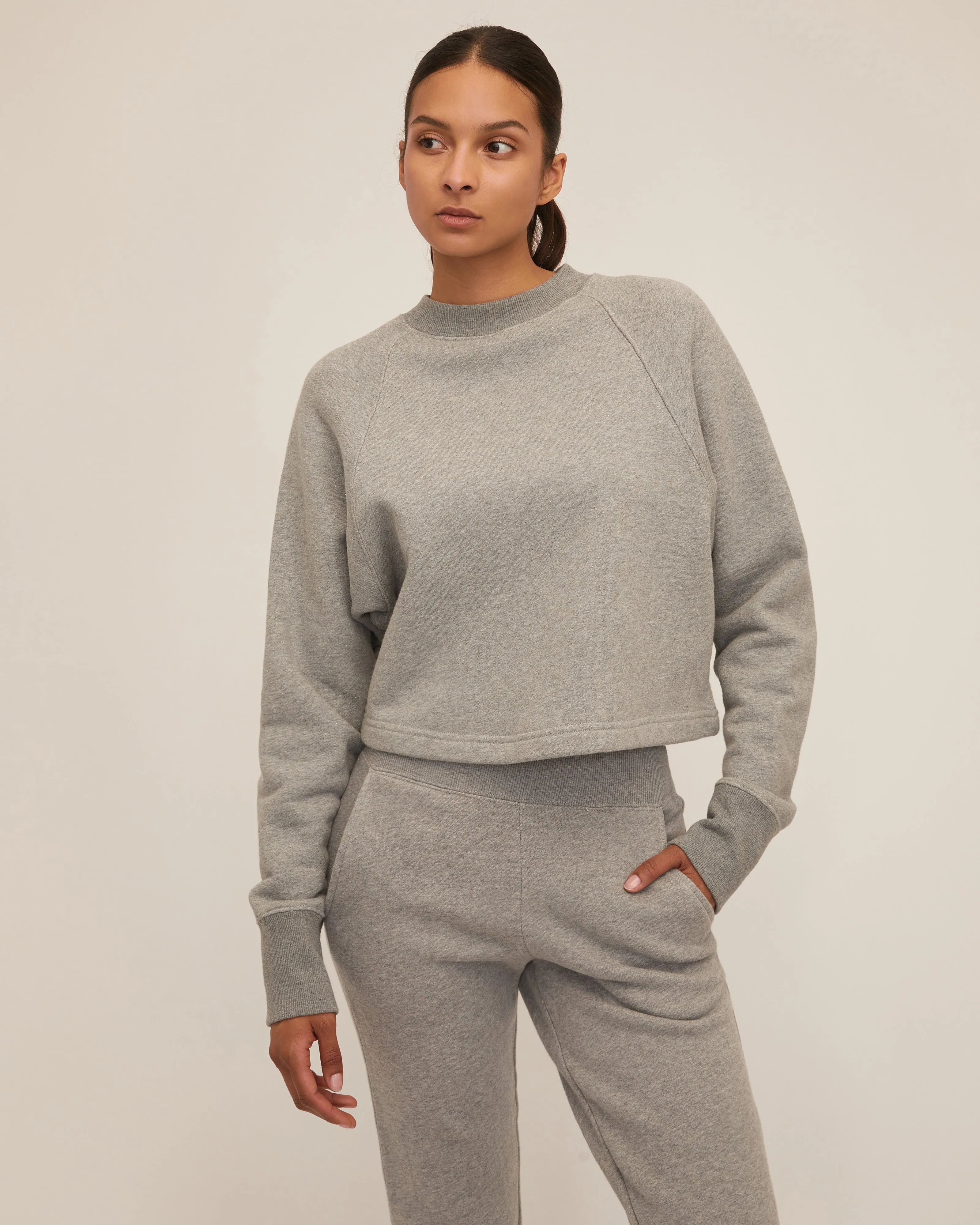 So Uptight Cropped Raglan French Terry Sweatshirt in Heather Grey