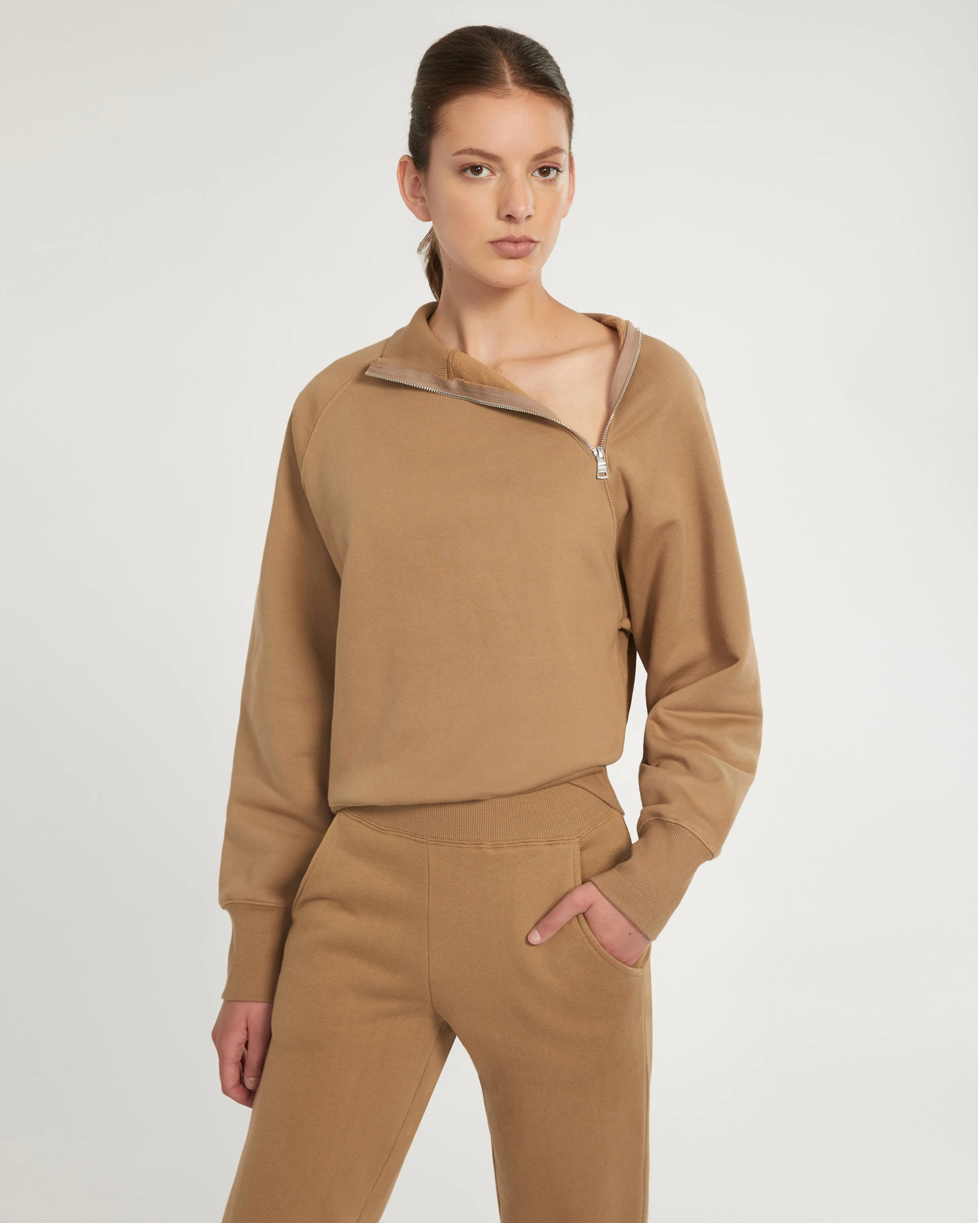 So Uptight French Terry Funnel Neck Zip Sweatshirt in Light Mocha