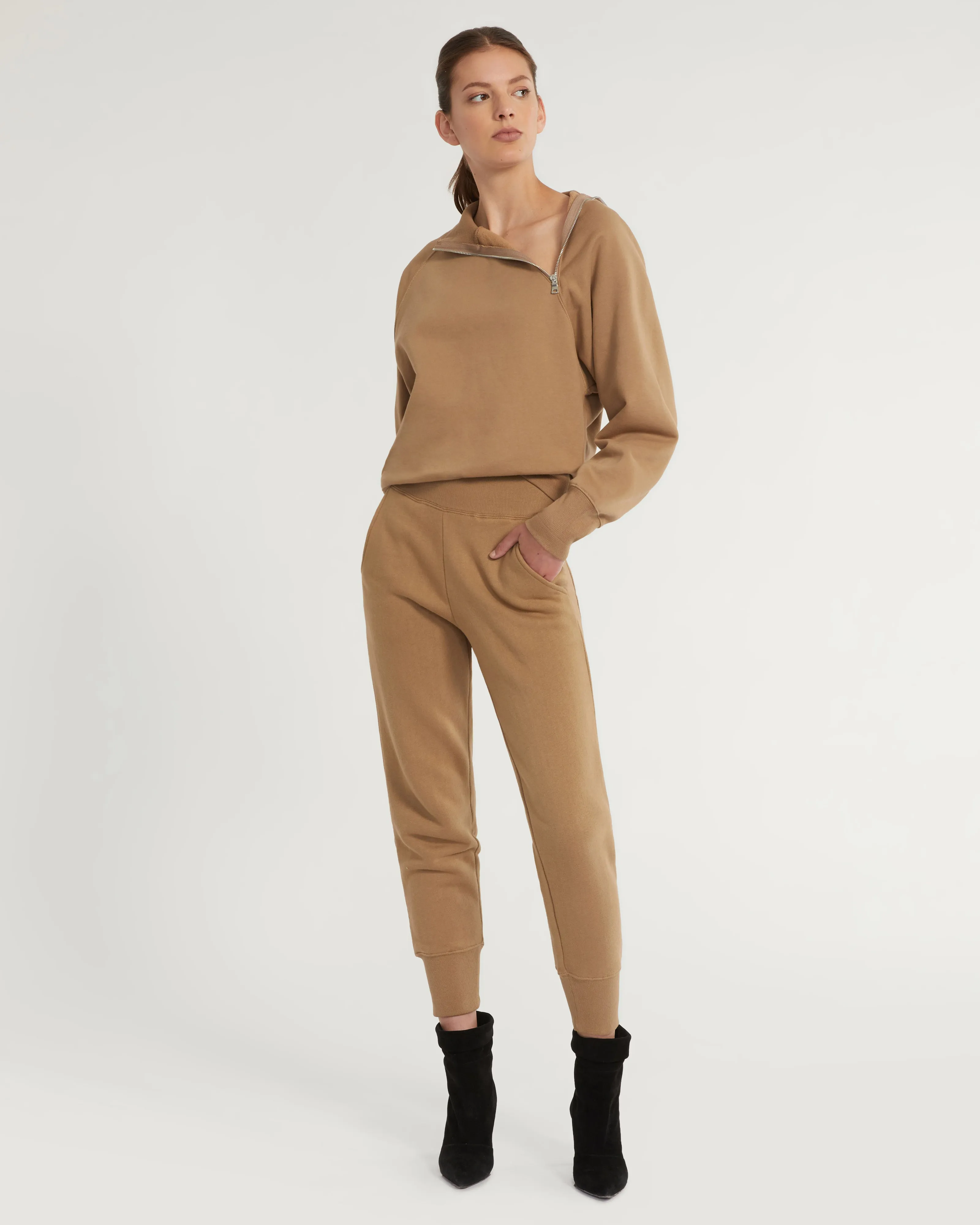 So Uptight French Terry Funnel Neck Zip Sweatshirt in Light Mocha