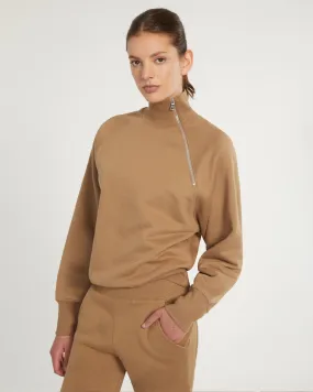 So Uptight French Terry Funnel Neck Zip Sweatshirt in Light Mocha