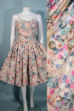 Vintage 50s Fit   Flare Pink Floral Full Skirt Dress Petite Junior XXS/XS