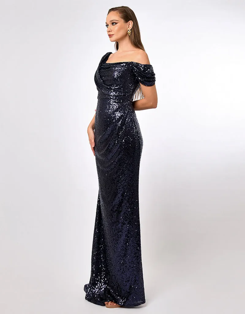 YVIE ONE SHOULDER SEQUIN OVERLAY GOWN B70D19L