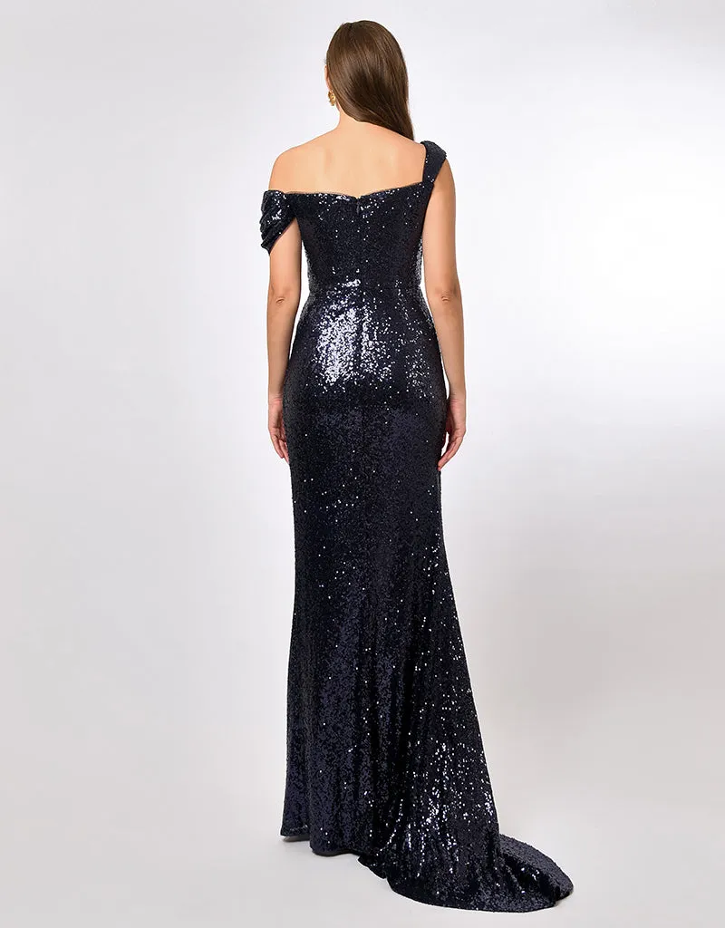 YVIE ONE SHOULDER SEQUIN OVERLAY GOWN B70D19L