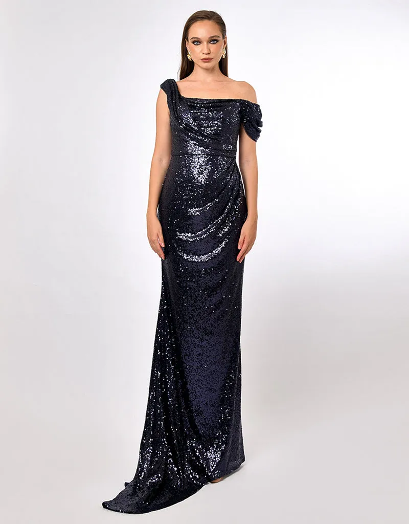 YVIE ONE SHOULDER SEQUIN OVERLAY GOWN B70D19L